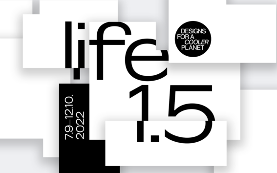 Life 1.5 in black font and Designs for a Cooler Planet logo on a white, fragmented background.
