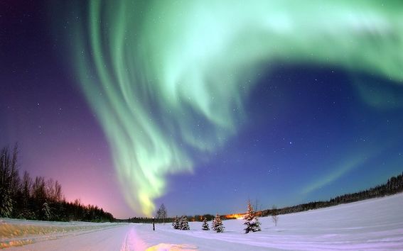 Northern lights in all shades of green against a purple-blue backdrop in the High North.