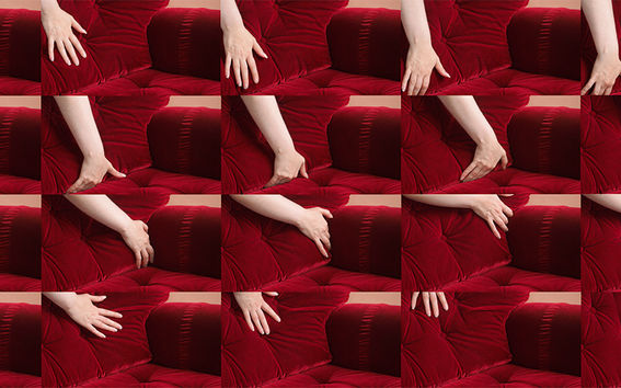 A grid made up of variations of the same photograph. Each of the photographs shows a progression of a hand caressing a red, velvet armchair.