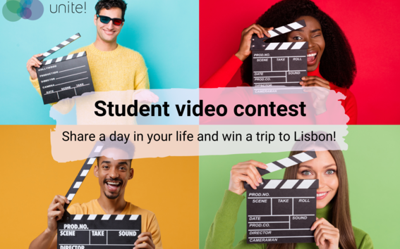 Images of four students. In the middle text Student video contest, share a day in your life and win a trip to Lisbon!