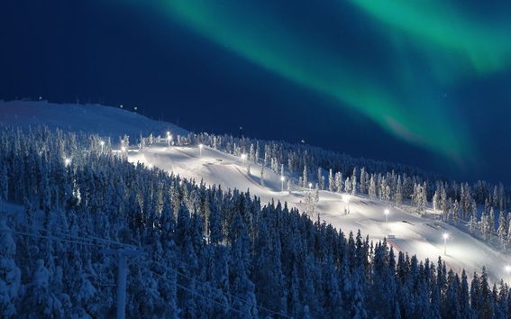The picture shows the Northern lights above a wintry forest landscape and a downhill slope.