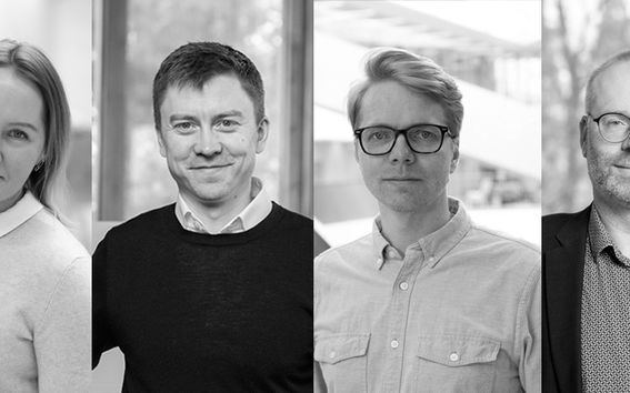 Tenured Professors' Installation Talks photo 26.4.2023, professors: Tiina Nypelö, Jukka Luoma, Matti Sarvimäki and Koen Van Leemput