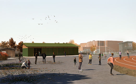 Havainnekuva voittajaehdotuksesta uudeksi konseptiksi Helsingin kaupungin liikuntapaikkojen ulkovarastoille. Lippa-ehdotuksessa hyödynnetään uudelleenkäytettyä betonia, puuta ja metallia niin julkisivuverhouksessa kuin runko-osissakin.