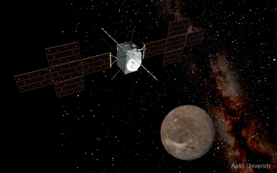 Piirroskuva luotaimesta avarauudessa ohittamassa Ganymedes-kuuta.