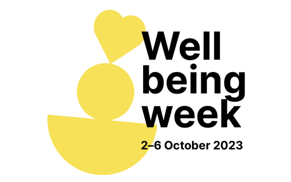 Wellbeing week visual identifier made out of 3 yellow shapes on top of each other, the one on the top being a heart
