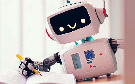 Tekoälyllä tehty kuva, jossa robotti auttaa kotiläksyissä.