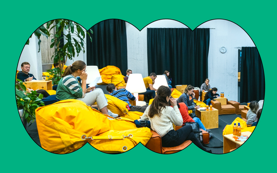 Colorful image of students sitting in a class room. Around the photo there's a green bubbly border and logos of Aalto University and Aalto Ventures Prograam.