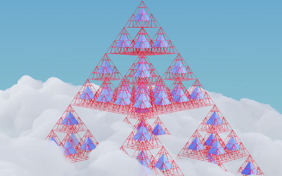 Kuvituskuvassa suuren valkoisen pilven keskeltä nousee kevytrakenteinen pyramidi, joka koostuu toistensa sisällä olevista pienistä sinisistä pyramideista. Kuvitus: Iikkamatti Hauru.