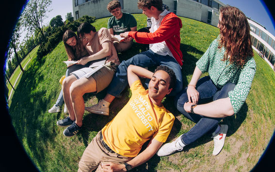 6 students lying on the grass