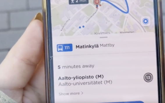 Helsinki public transport system mobile app on a phone 