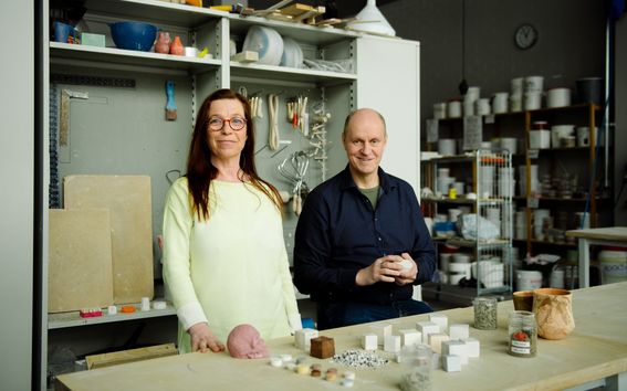 Professors Maarit Mäkelä and Jussi Leveinen at the Aalto ceramics workshop developing a clay-based alternative to concrete. Photo: Hayley Le