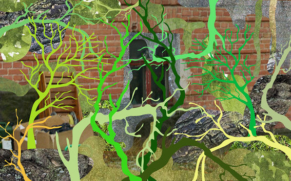 Red brick building in the background, drawn green plant like shapes covering the image