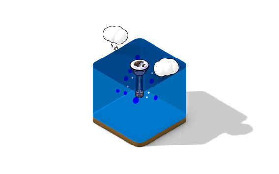 3D modelled blue block representing the ocean, in the ocean there is a device and on it two walruses, above them clouds and birds