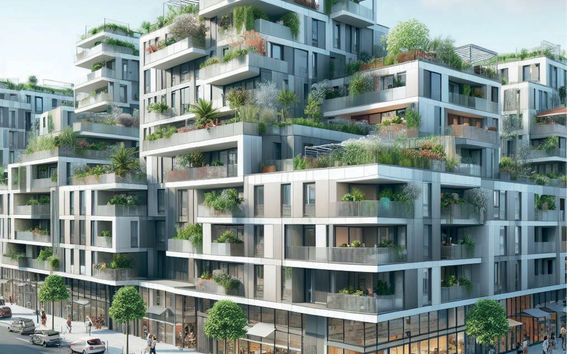 Multi-storey apartment building designed with visual artificial intelligence features an abundance of greenery 
