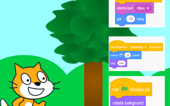 Scratch-ohjelmointikoodia ja Scratch-kissa