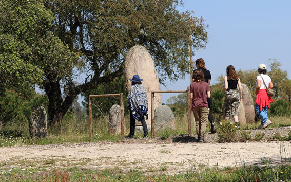 A research team walking in a summer landscape in Portugal, photographed from behind