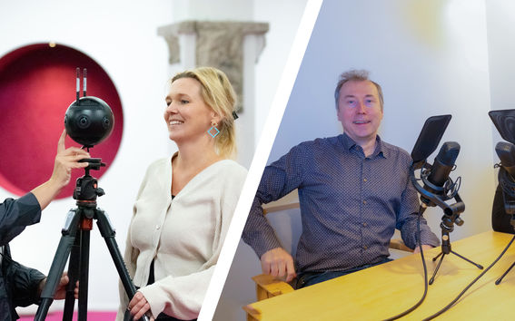 Taija Votkin showing 360 camera use and Tomi Kauppinen and Jutta Tavaila recording a podcast episode