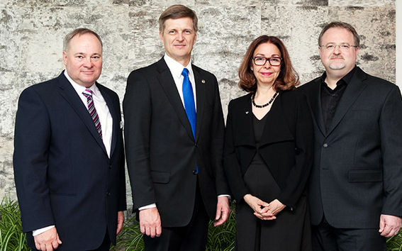 From the left: Professor Lasse Niemi, Provost Ilkka Niemelä, Professors Lily Díaz and Toni Kotnik. Photo Aino Huovio. 