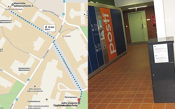 Kartta Oppimiskeskus betasta Maarintalolle sekä kuva palautuslaatikosta Maarintalon aulassa.