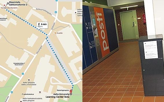 Map from Learning Center beta to Maarintalo and a picture of the drop box