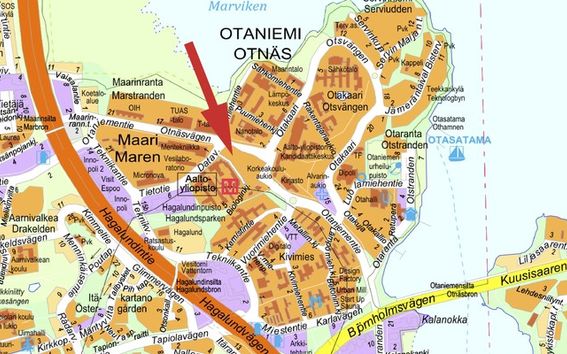 Kartta Kauppakorkeakoulun sijainnista Otaniemessä.