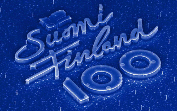 The smallest logo for Finland’s centennial from two different angles. The first structure included the flag. In the measurement scale below, 5 µm equals two-hundredths of a millimetre. The distance from one edge to another is almost precisely one-hundredth of a millimetre. Images: Nikolai Chekurov/Micronova, Aalto University