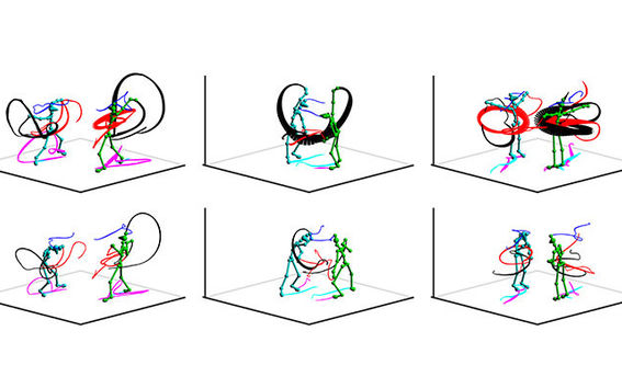 The upper row shows portrayals of love, lower row loathing. The lines show trajectories of limb movements, line widths indicate velocities. Picture: Klaus Förger.