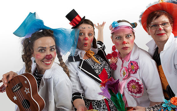 Hospital clowns I.Vipittäjä, Tomera, Vähä-Pokka and Hösselström in their new costumes. Photo: Sairaalaklovnit / Juuso Partti.