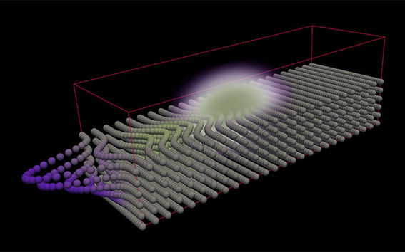 Kiteen läpi etenevän valon optinen voima synnyttää atomisen massatiheysaallon. Kuva: Jyrki Hokkanen, CSC.
