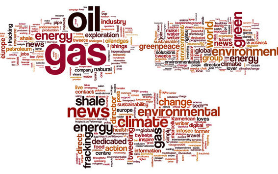 Fracking has two circles of users talking among themselves, strengthening their conflicting campaigns. The third word cloud represents the words used by the selected influential users. Picture: Kiran Garimella.