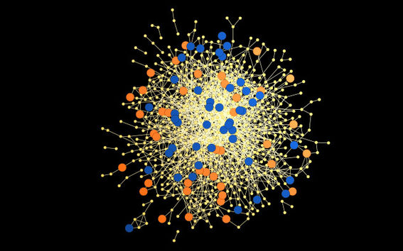 Night owls (blue) are more central than early birds (orange) in their social networks. Each circle represents one person, and the lines connecting the circles are indicative of interactions (phone calls) between them.