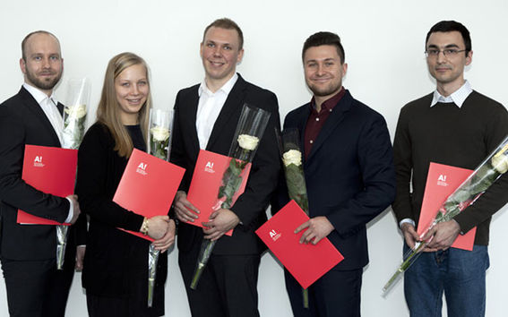 The Fabian Ahvenainen Foundation grants were awarded to Joonas Forsman (left), Maria Vinter, Jaakko Kärkkäinen, Joonas Lehtovaara and Pooya Saremi