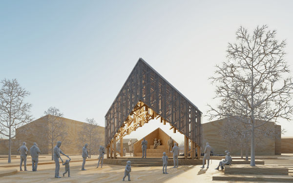 Computer render of the stage and canopy on Kuhmo market, with people standing around. Sunlight from behind. Steps at front.