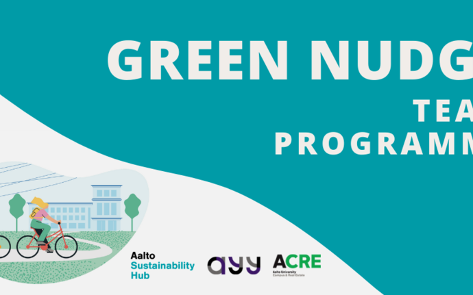 Green Nudge Team programme banner. Turqose and white canvas 'Green Nudge Team programme'. Illustration of two character cycling on a city route. Logos of Aalto sustainability hub, AYY and ACRE.