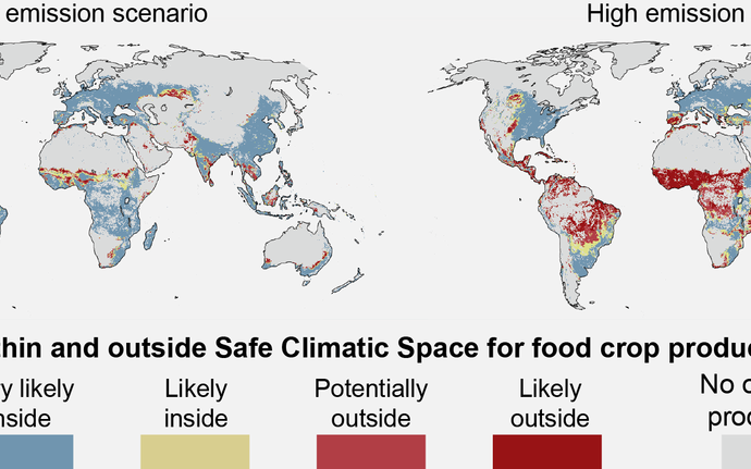Areas within and outside Safe Climate Space for food crop production in 2081-2100