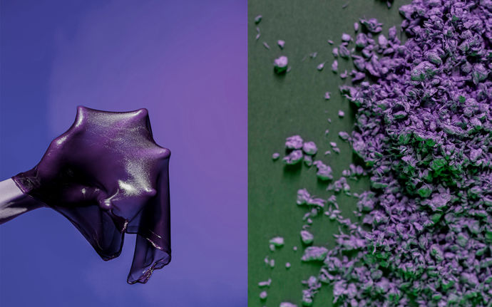 Left: purple film coating on a human hand with purple background, right purple and green dried plant material