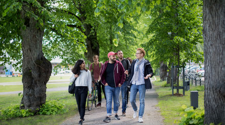 Students walking on the Aalto campus in the spring. Photo by Aalto University