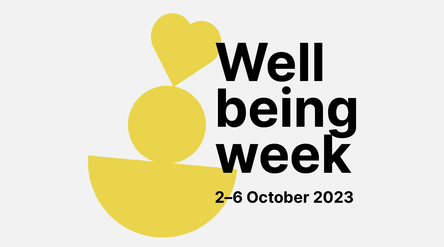 Wellbeing week visual identifier made out of 3 yellow shapes on top of each other, the one on the top being a heart