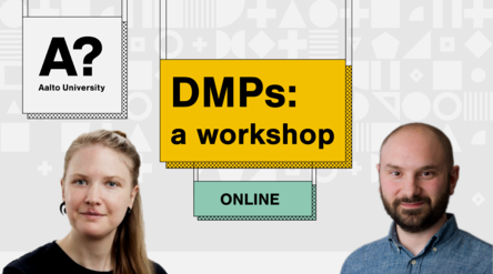 Title: DMPs a workshop, subtitle: ONLINE. Pictures of Lucie Hradecka and Enrico Glerean.