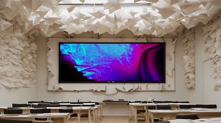 Generated image of a lecture hall, walls filled with origami style folds