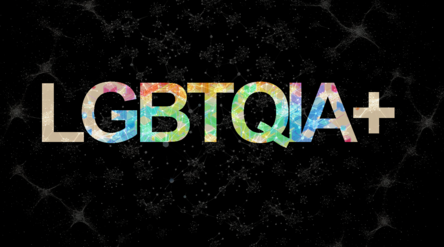 LGBTQIA+ letters over a network visualisation