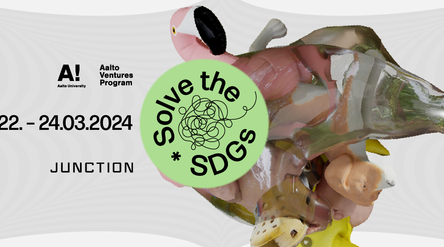 In the middle is the logo of Solve the SDGs. In the background a melted blop of plastic and the remnants of items like a flamingo beach float and a dog toy.