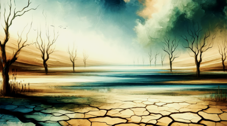 Painting of a dry landscape with dried up trees.