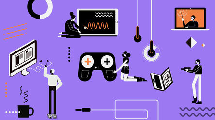 Purple background, simply drawn figures interacting with digital spaces and online educational tools
