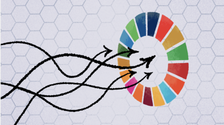 Arrows describing future pathways reach towards the sustainable development goals. 
