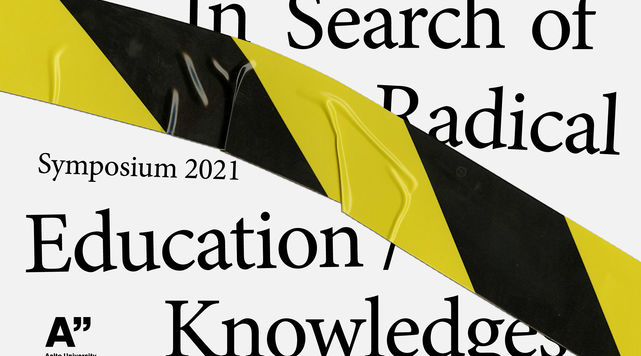 Black font with the title of event arranged on white back ground and crossed by black and yellow construction tape