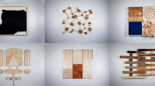Composite image of six different wood-waste-based sculpture projects