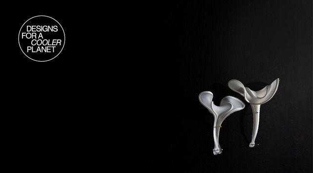 White mushroom shaped material samples on a black background.