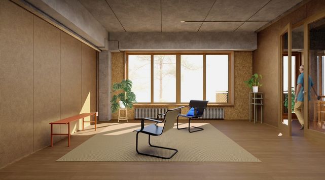 A visualisation of an apartment where recycled materials has been used as building materials