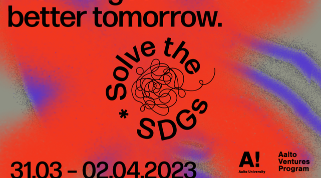 Vibrant purple and red colored banner with a decorative logo for 'Solve the SDGs'.  The tagline reads 'Work together for a better tomorrrow'.